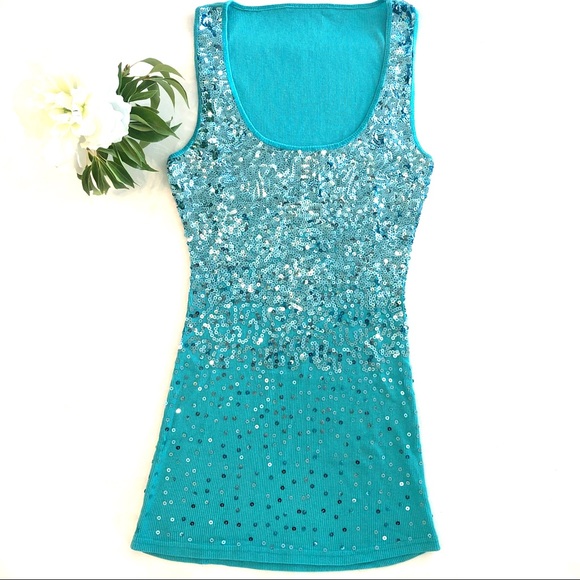 Tops - Sparkly Teal / Turquoise Sequinned Tank Top